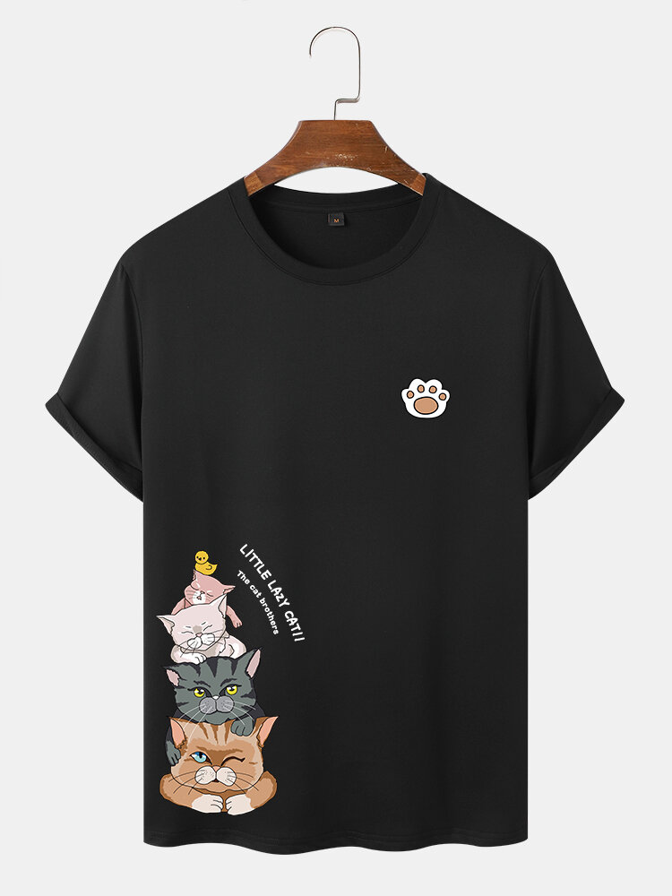 Mens Cartoon Cat Paw Printed Crew Neck Short Sleeve T-Shirts