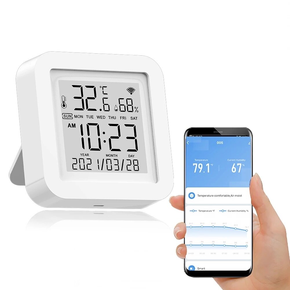 Tuya WIFI Temperature Humidity Smart Sensor Clock Digital Display Remote Control Thermometer Support Alexa Google Assist