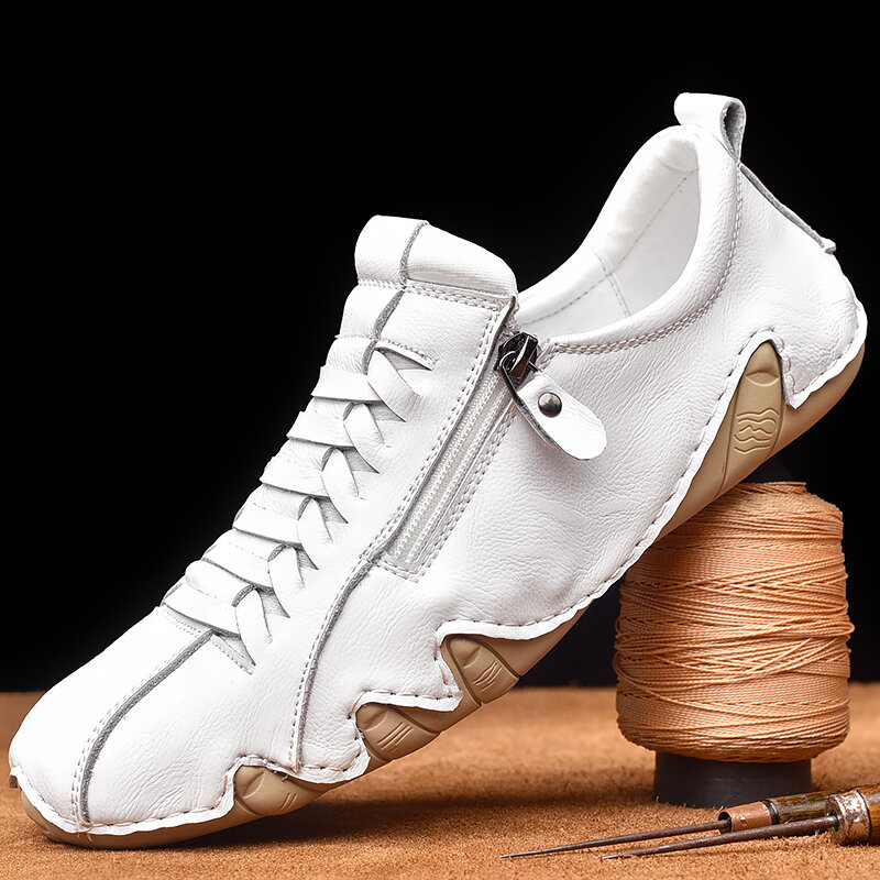 Men Genuine Leather Breathable Soft Sole Brief Pure Color Zipper Casual Shoes