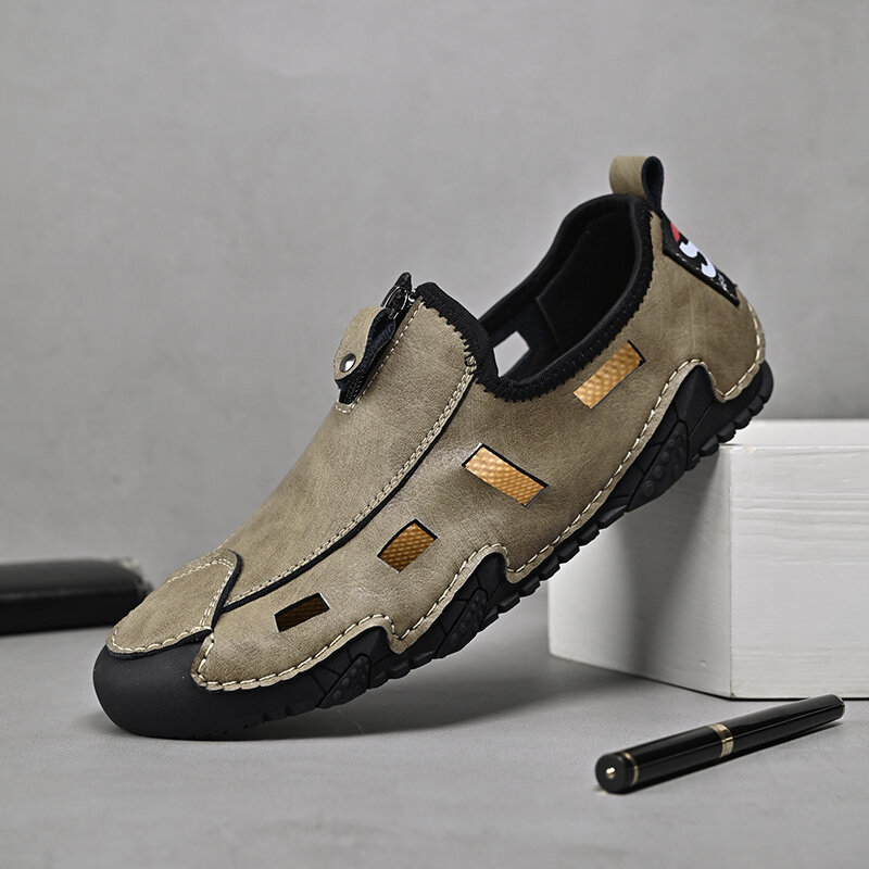 Men Hollow Out Zipper Soft Soled Casual Leather Sandals