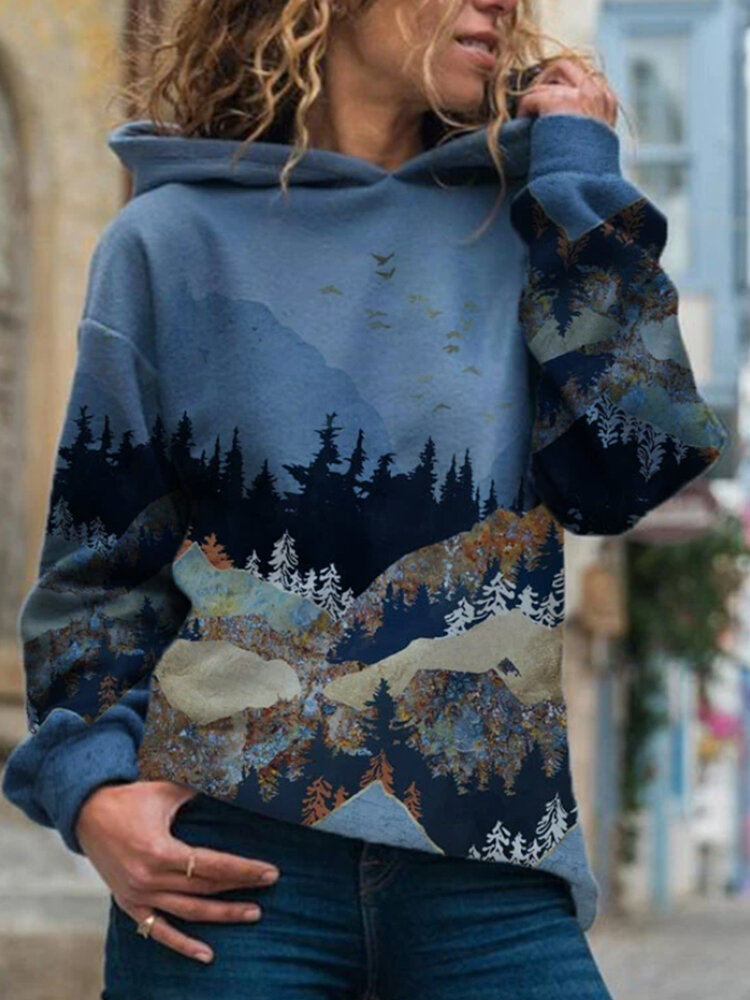 Casual hoodie met capuchon en lange mouwen met landschapsprint voor dames