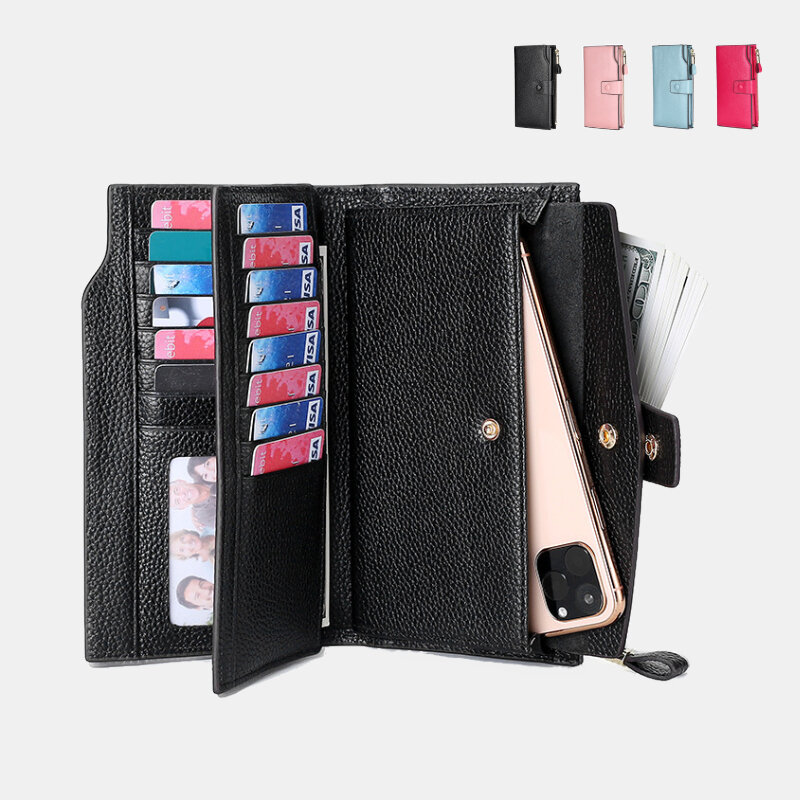 Unisex Echtleder RFID Anti-Diebstahl-Litschi-Muster 5,8-Zoll-Telefontaschenkupplung Geldbeutel Brieftasche mit mehreren Steckplätzen