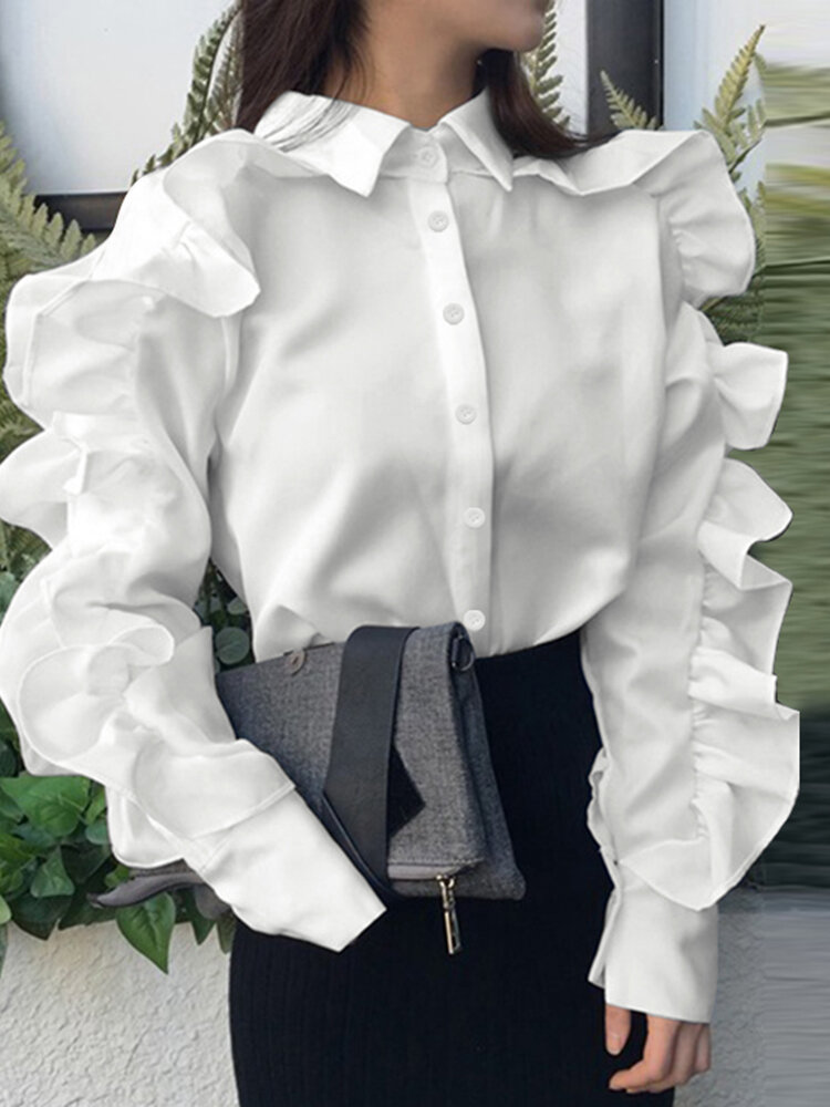 Solid Button Splicing Ruffle Lapel Long Sleeve Casual Blouse