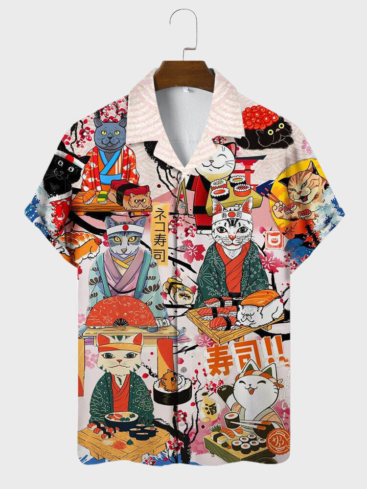 

Mens Allover Japanese Cat Sushi Print Revere Collar Short Sleeve Shirts