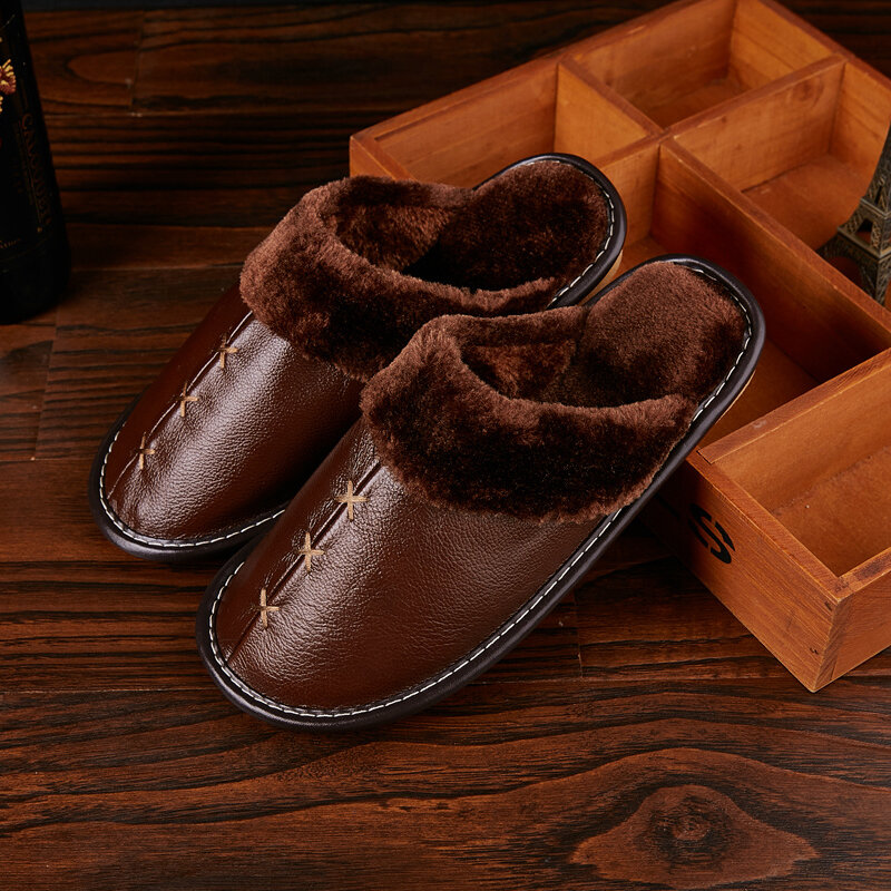 

Cow Leather Men Couple Winter Slippers Warm Fuzzy House Slippers Fleece Lined Home Shoes