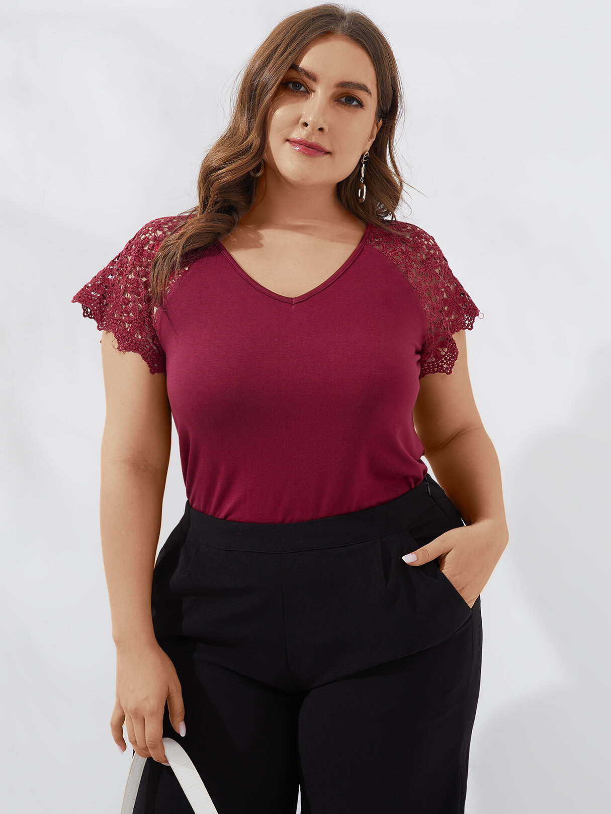 Plus Size Lace Sleeve Patchwork Round Neck Summer Casual T-shirts