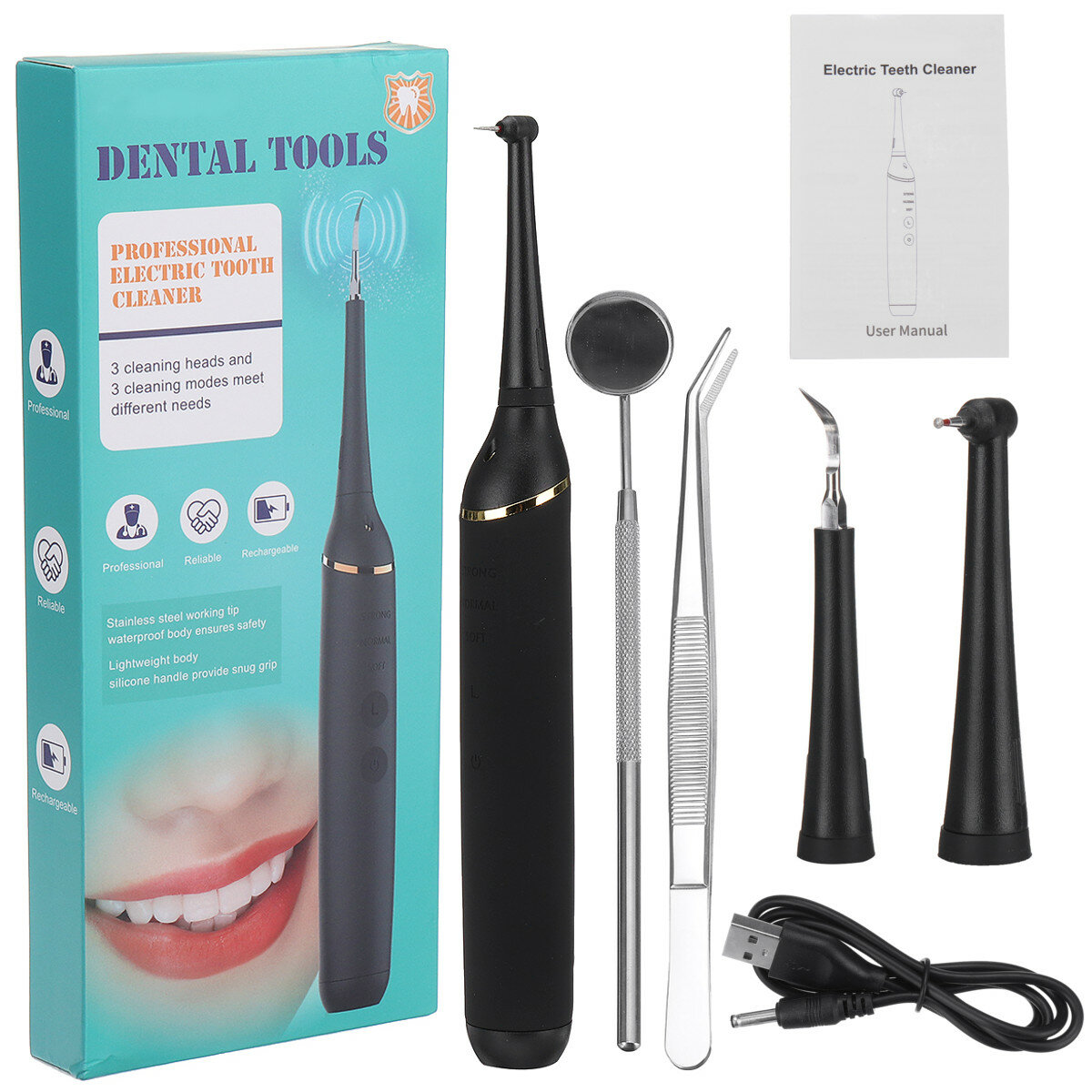 

Cordless Electric Teeth Cleaner Stains Tartar Remover Ultrasonic Oral Dental Tooth Whitening Cleaning Kit