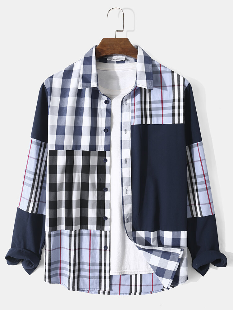 Men Checked Gingham Patchwork Long Sleeve Casual Shirts