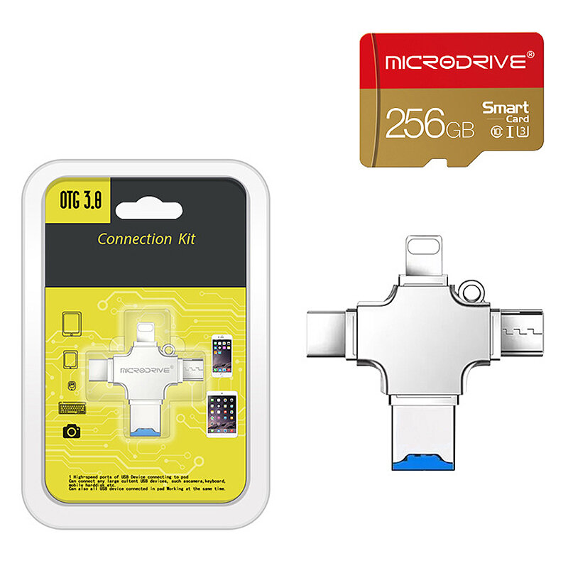 Microdrive 256GB 4-in-1 USB3.0 Flash Drive iP/Type-C/Micro/USB High Speed Data Transmission Portable Memory U Disk OTG E