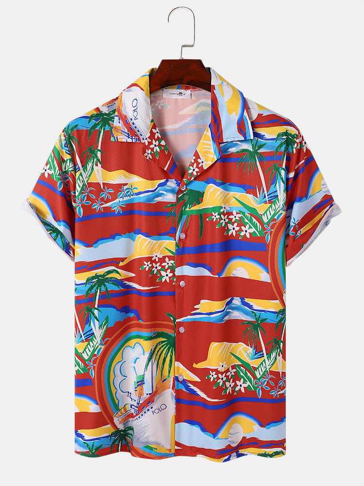 

Мужские праздничные рубашки с коротким рукавом с принтом тропических пейзажей Revere Collar