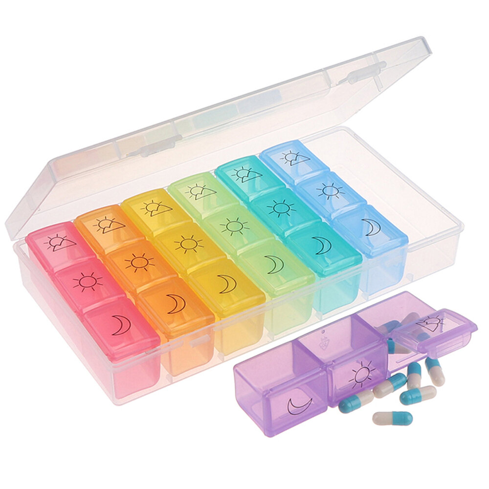 

3 Row 21 Grids 7 Days Pill Box Portable Rainbow Moisture-proof Pill Box Organizer 3 Times a Day Suitable for Travel and