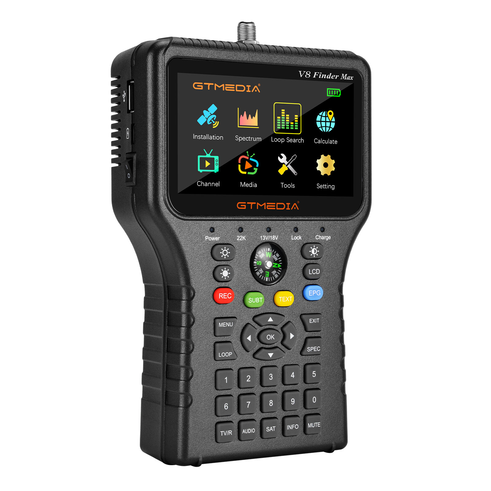

Gtmedia V8 Finder Max Signal Finder Dvb-S2x/S2/S /Mpeg-2/4 H.264/H.265 (8 Bit) 4.3 Inch HD Compliant Handheld Combo Mete