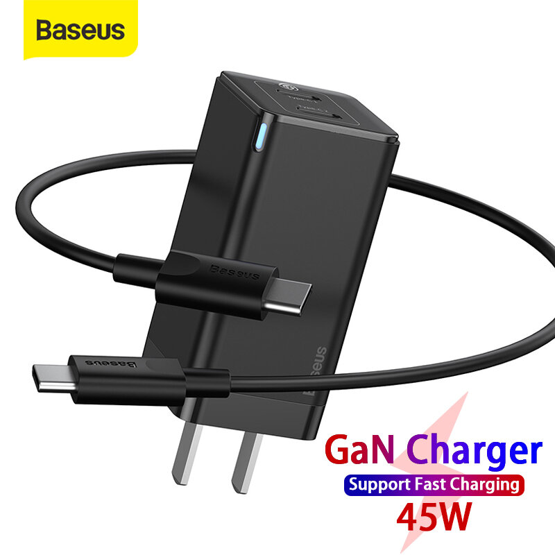 [GaN Tech] Baseus 45W USB-C壁充電器2ポートPD3.0 QC3.0 AFC SCP急速充電アダプター、折りたたみ式USプラグ+ 60W USB-C-USB-C高速充電ケーブル