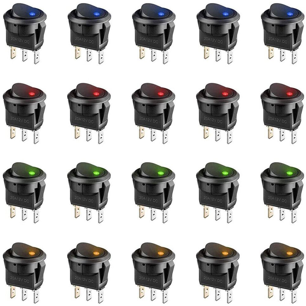 

20PCS 3Pin 20A 12V Round Rocker Toggle Switch with LED Light Blue Yellow Red Green Light On-Off Control Switch