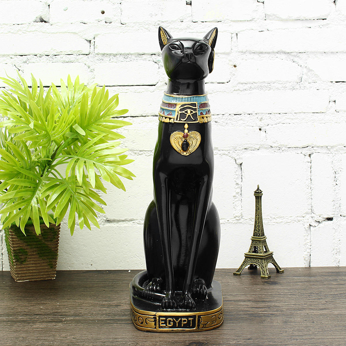 15'' vintage egyptian bastet cat goddess resin figurine black cat