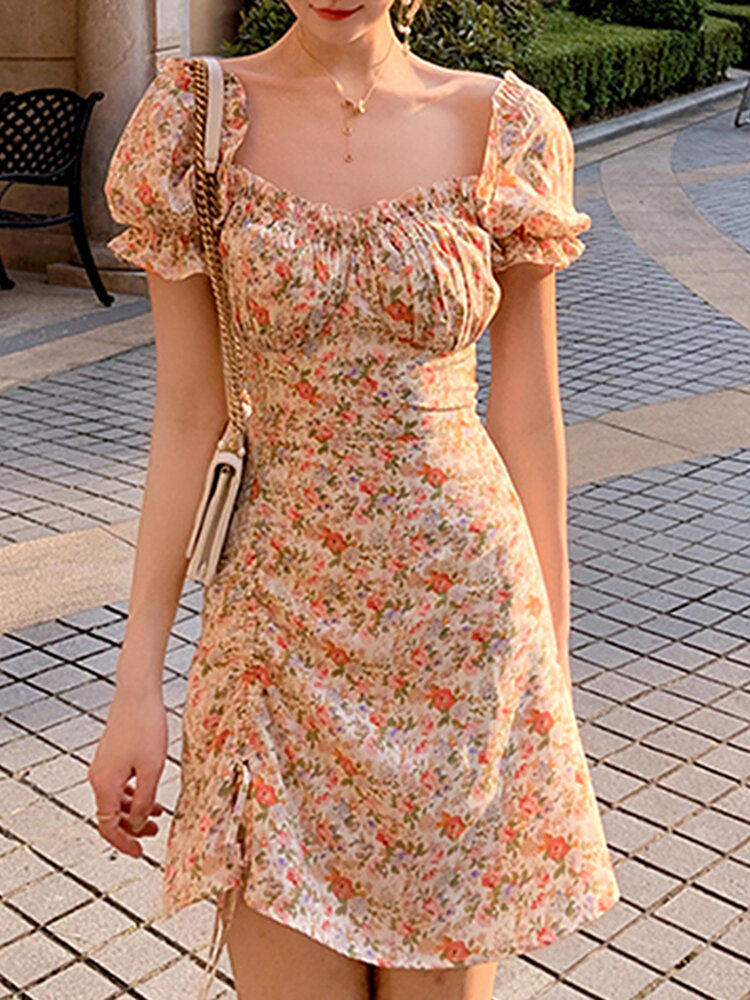 Puff Sleeve Floral Leisure Summer Holiday Casual Dress For Women