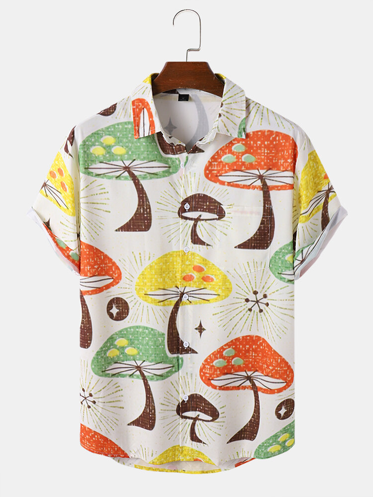 Mannen Cartoon Paddestoel Print Multi Color Revers Zomervakantie Soft Shirts