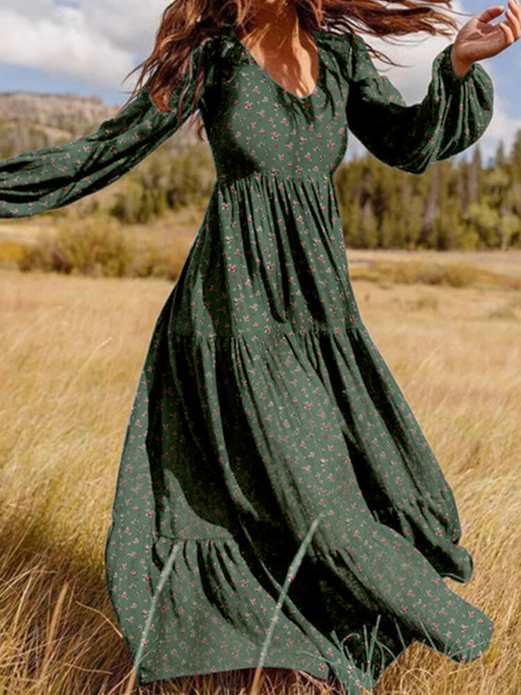 V-Neck Back Zipper Floral Printed Casual Loose Dress For Women
