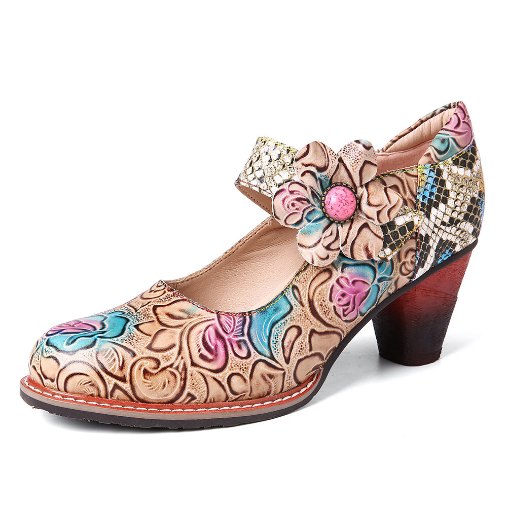 

SOCOFY Retro Leather Floral Splicing Snakeskin Round Toe Chunky Heel Pumps