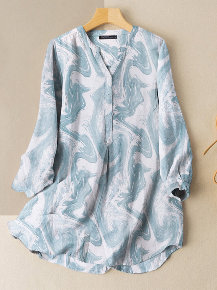 Marble Pattern Loose Button Front Long Sleeve Blouse
