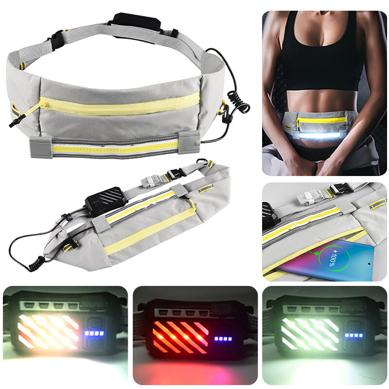 LEDライト付きランニングベルトバッグ 防水スポーツバッグ ユニセックスファニーパックベルトポーチ ジョギングランニング用