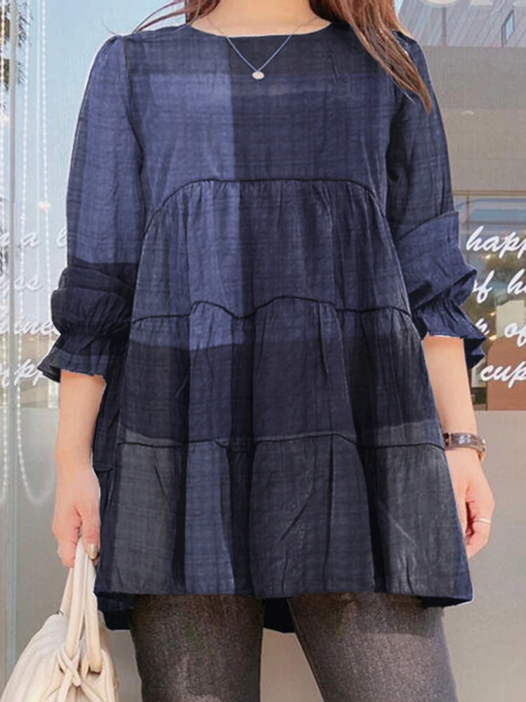Women plaid puff sleeve loose splicing o-neck pleated plain casual blouses