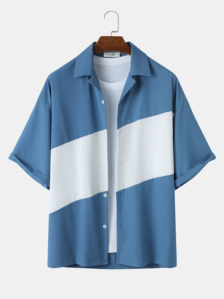 

Мужские рубашки с цветными блоками в стиле пэчворк Revere Collar Свободные рубашки с коротким рукавом