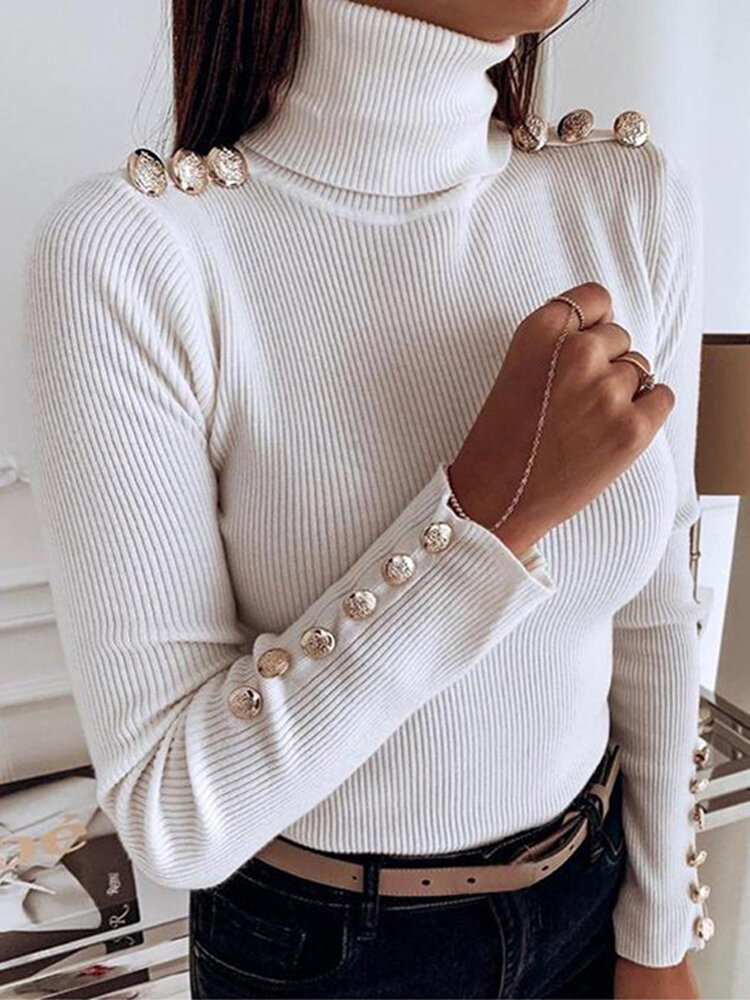 Women Turtleneck Solid Color Button Long Sleeve Basic Sweater