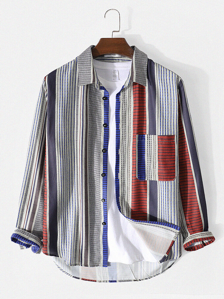 

Mens Designer Mixed Striped Print Chest Pocket Lapel Shirt