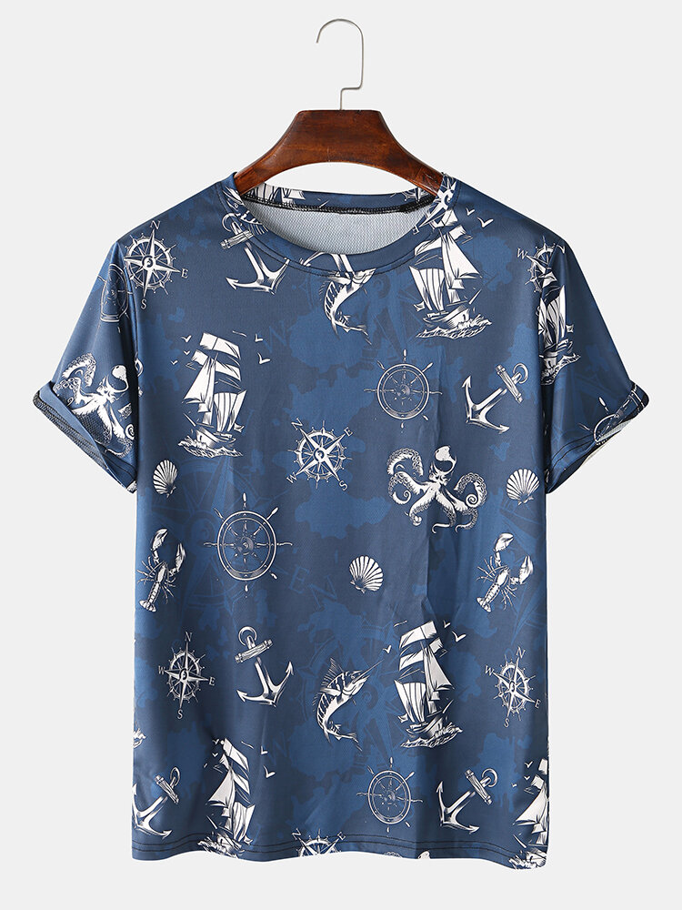 Heren 3D zeilboot bedrukt casual reverskraag T-shirts met korte mouwen