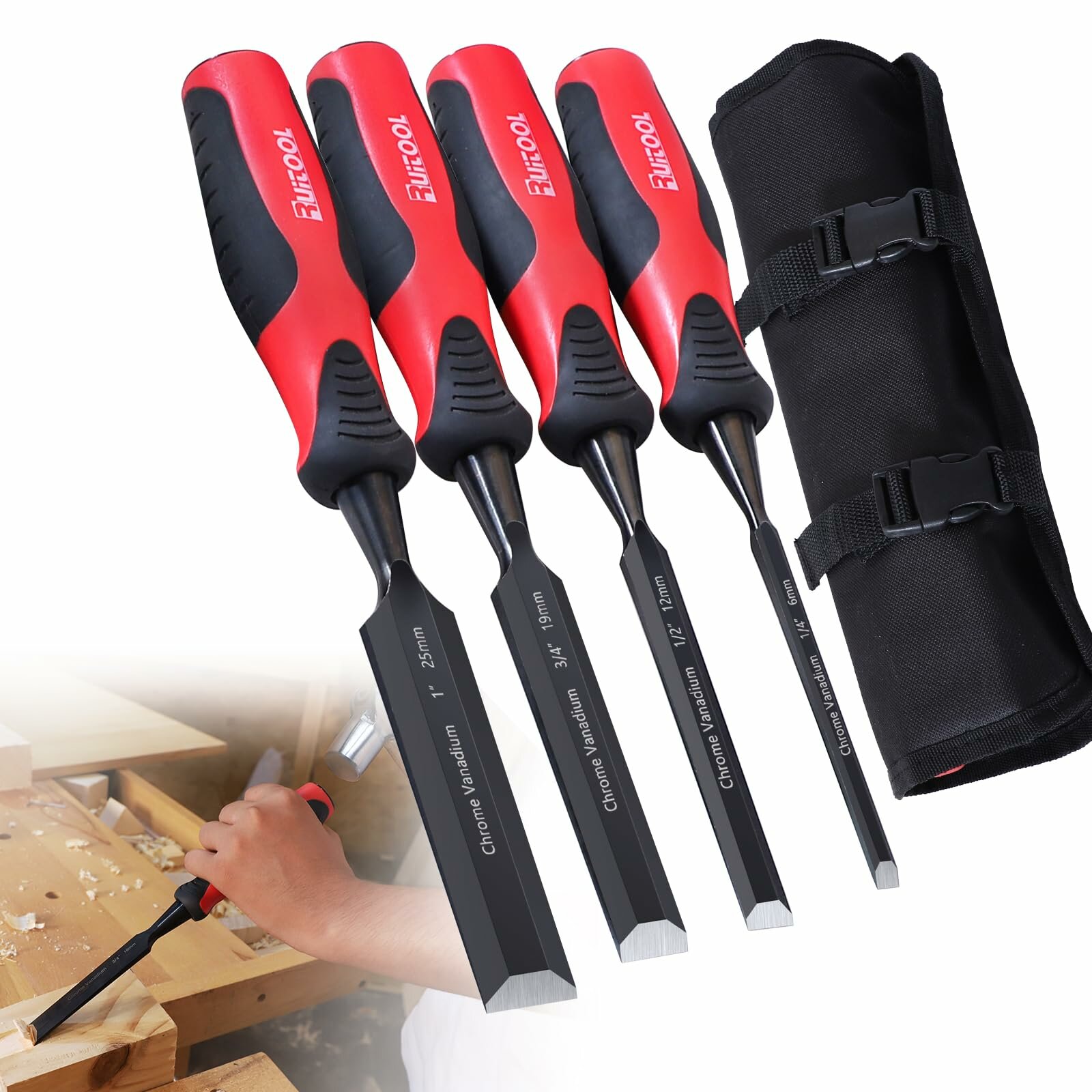 4 PCS Wood Chisel Set Comfortable Handle Wood Carving Chisels for Woodworking Tools with Hammer End