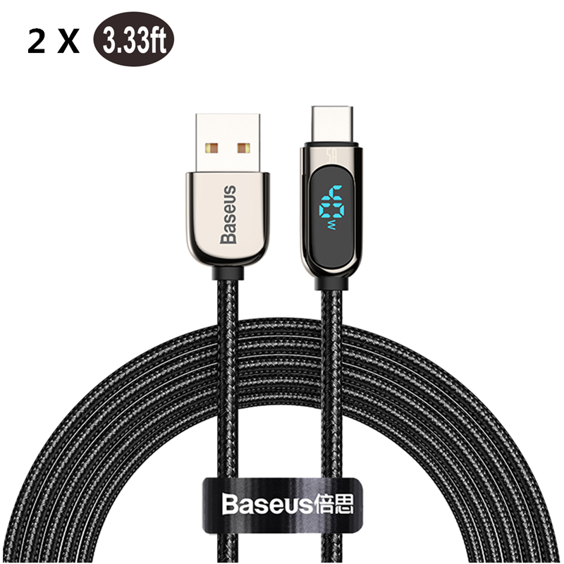 

[2 Pack]Baseus 40W 5A USB Type-C Data Cable 1M Long Black Voltage LED Digital Display Data Transmission Cord Line For Sa