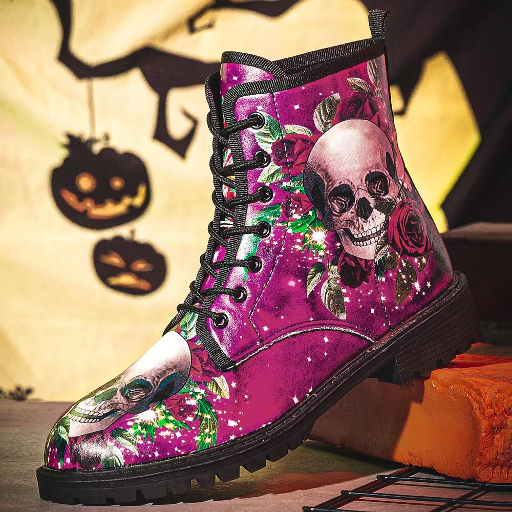 Men Leather Halloween Soft Sole Round Toe Funny Skull Printing Casual Martin Boots