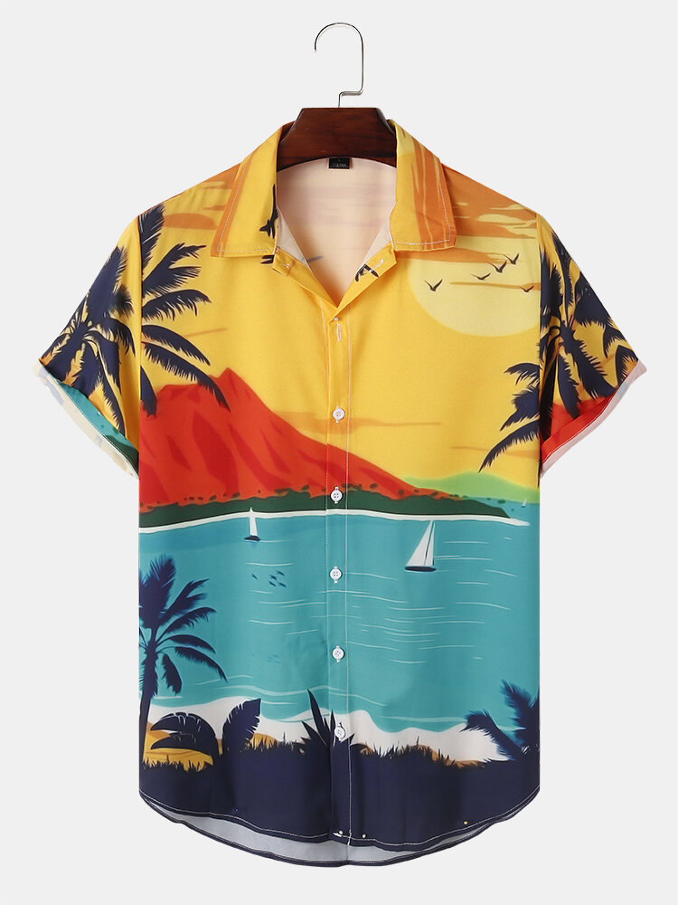 Mens Hawaiian Beach Landscape Print Holiday Shirts