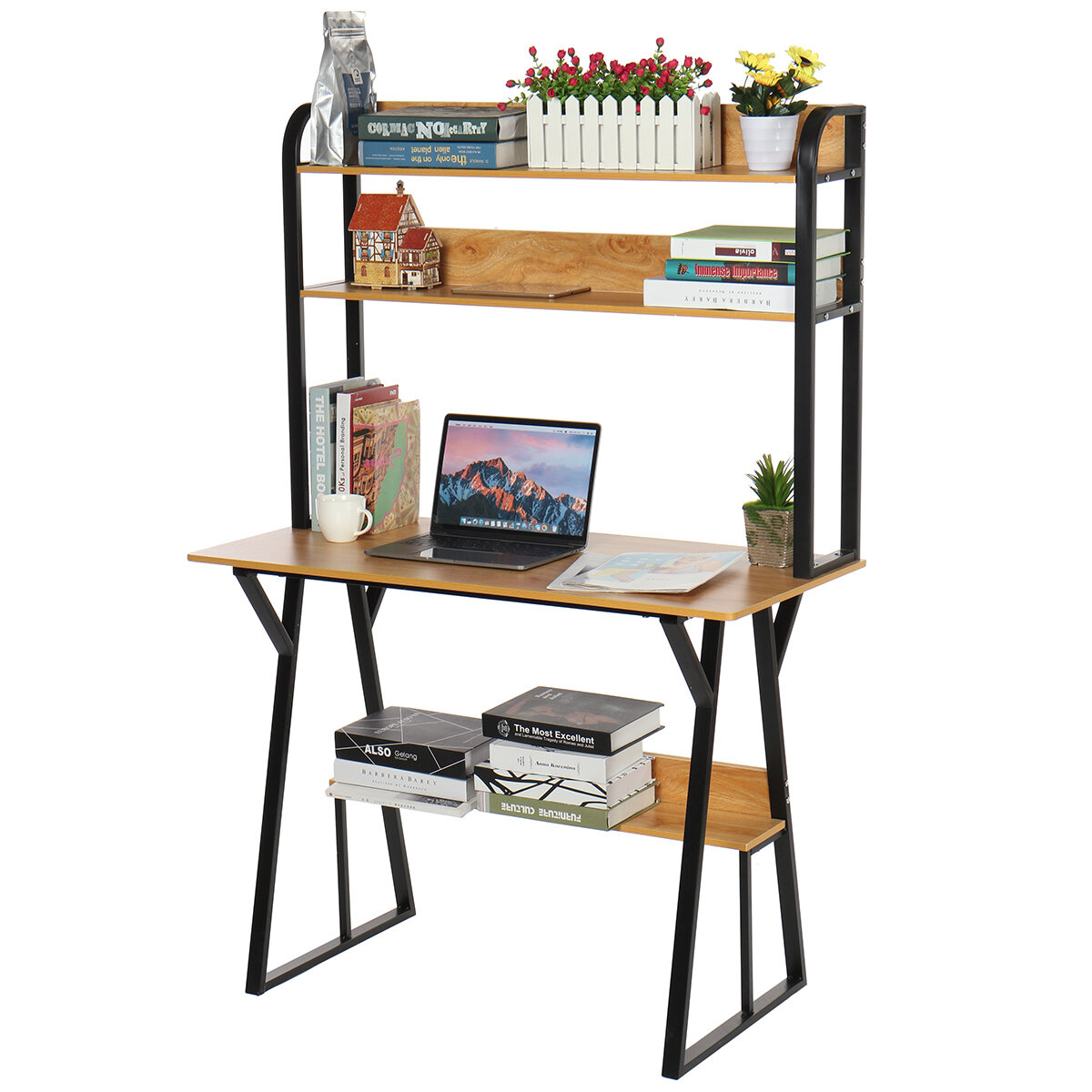 2 in 1 Computer Desk Storage Shelf Modren Student Writing Study Table Office Workstation Home Laptop Desk Bookshelf