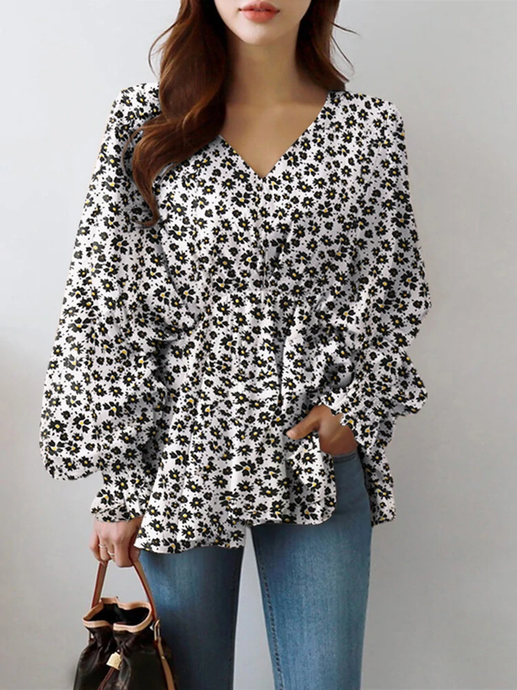 Puff sleeve v-neck leisure loose blouse for women