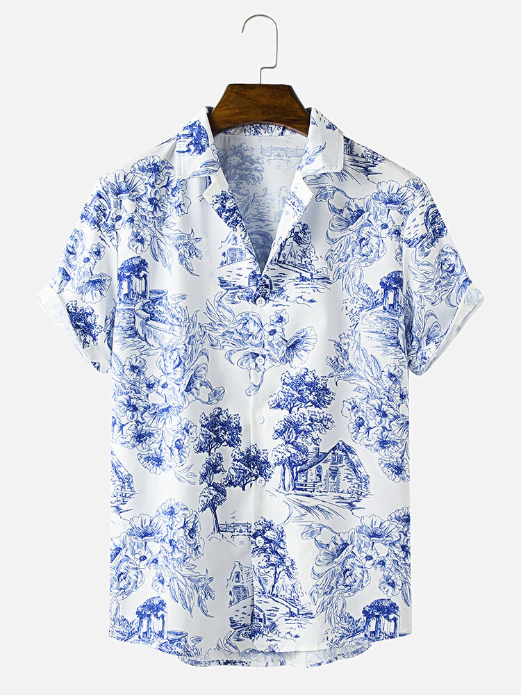 

Mens Landscape Print Revere Collar Short Sleeve Casual Shirts