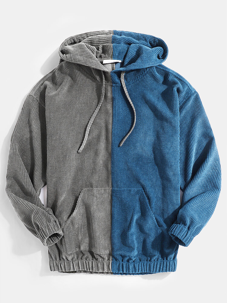 Heren Corduroy Contrasterende kleur Patchwork Pocket Casual hoodies met trekkoord