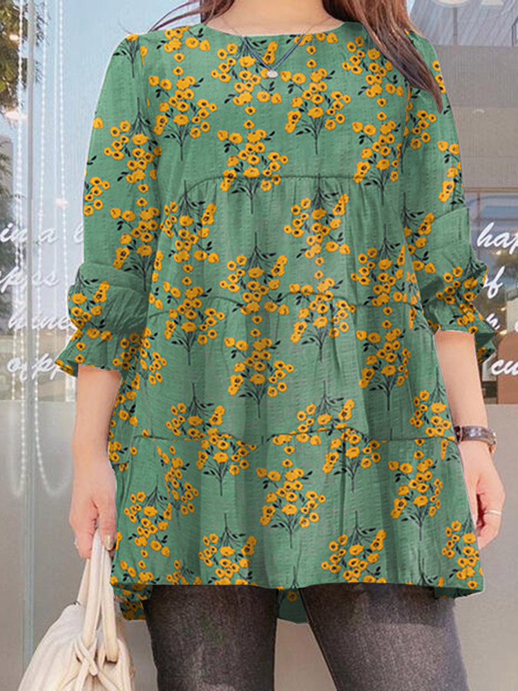 Women Floral Puff Sleeve Spliced Buttons Pleated O-Neck Casual Blouses