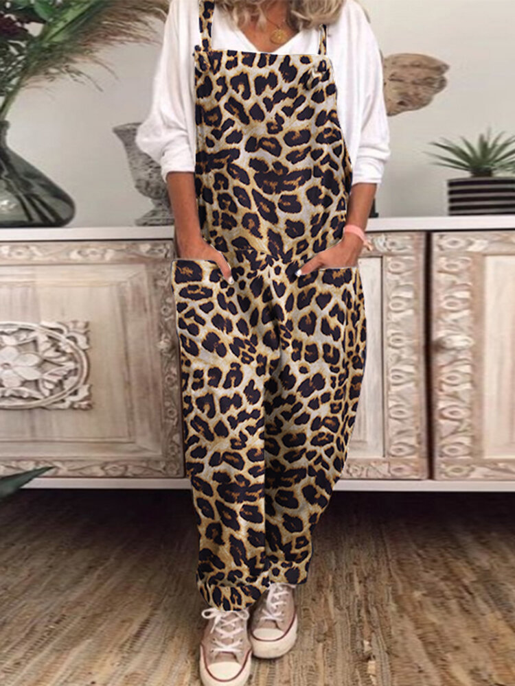 Mouwloze enkellange jumpsuits met luipaardprint voor dames met vierkante hals en trekkoord