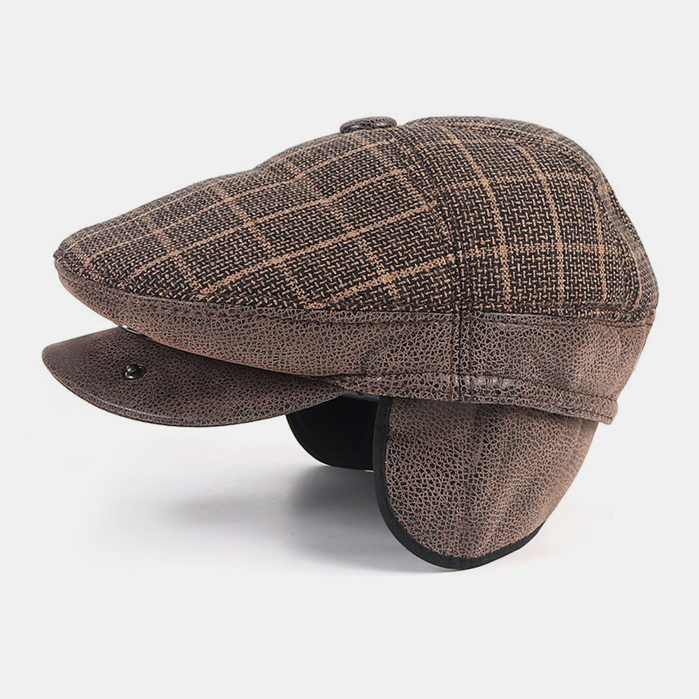 

Men Cotton British Style Plaids Pattern Warm Ear Pads Ear Protection Windproof Hasp Brim Forward Hat Beret Hat