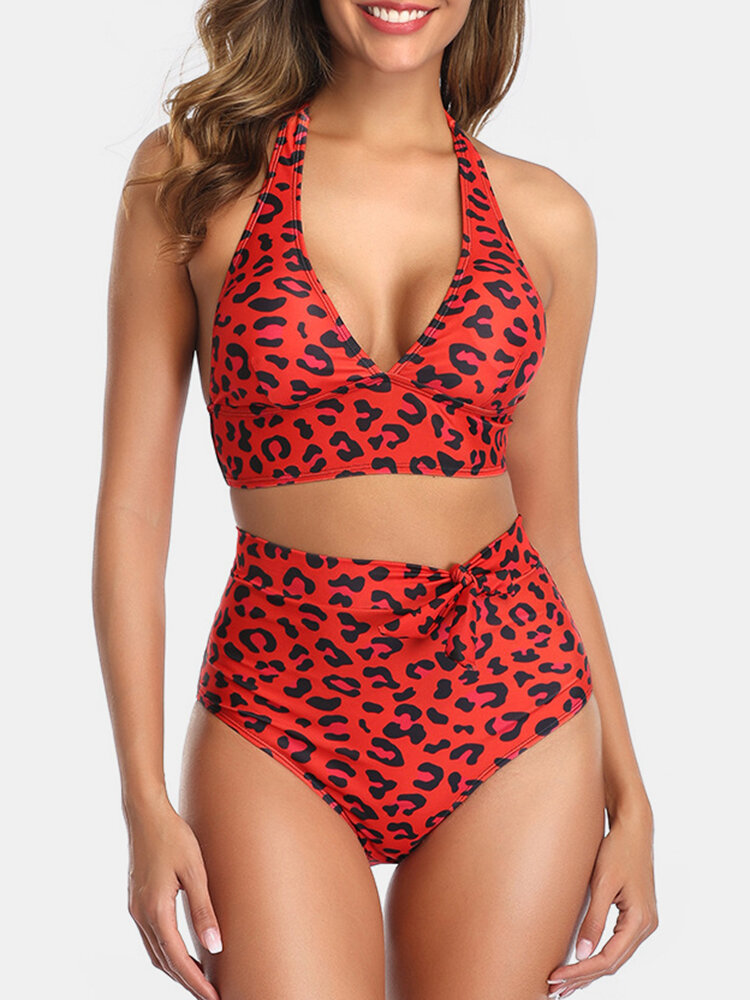 Image of Frauen Leopard Triangle Halfter String Backless Hot Badeanzug Bikini