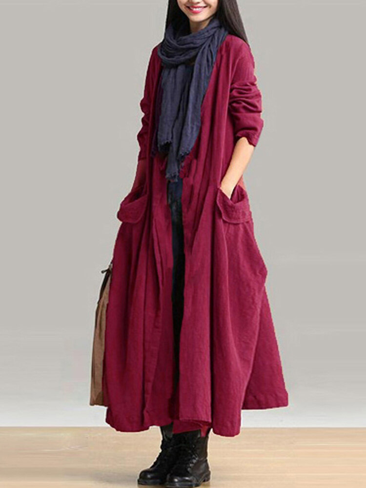 Image of Lssige Damen Langarm Solid Color Taschen Lace-up lange Oberbekleidung Mntel