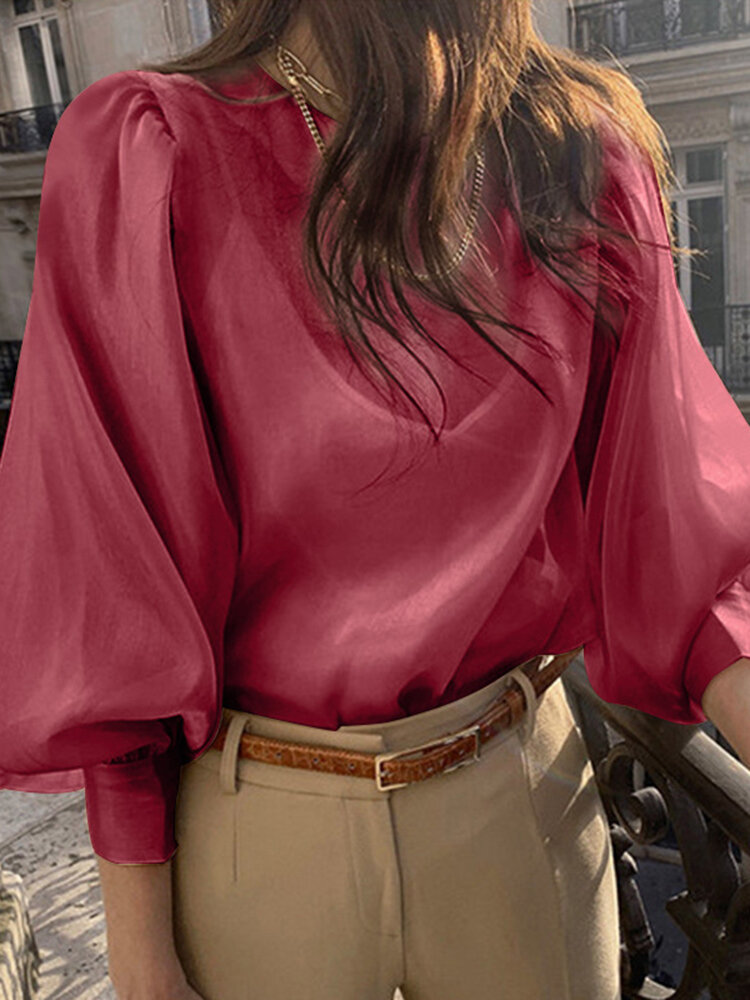 Women Puff Sleeve Back Button Spliced Solid Color Narrow Cuff Casual Blouses