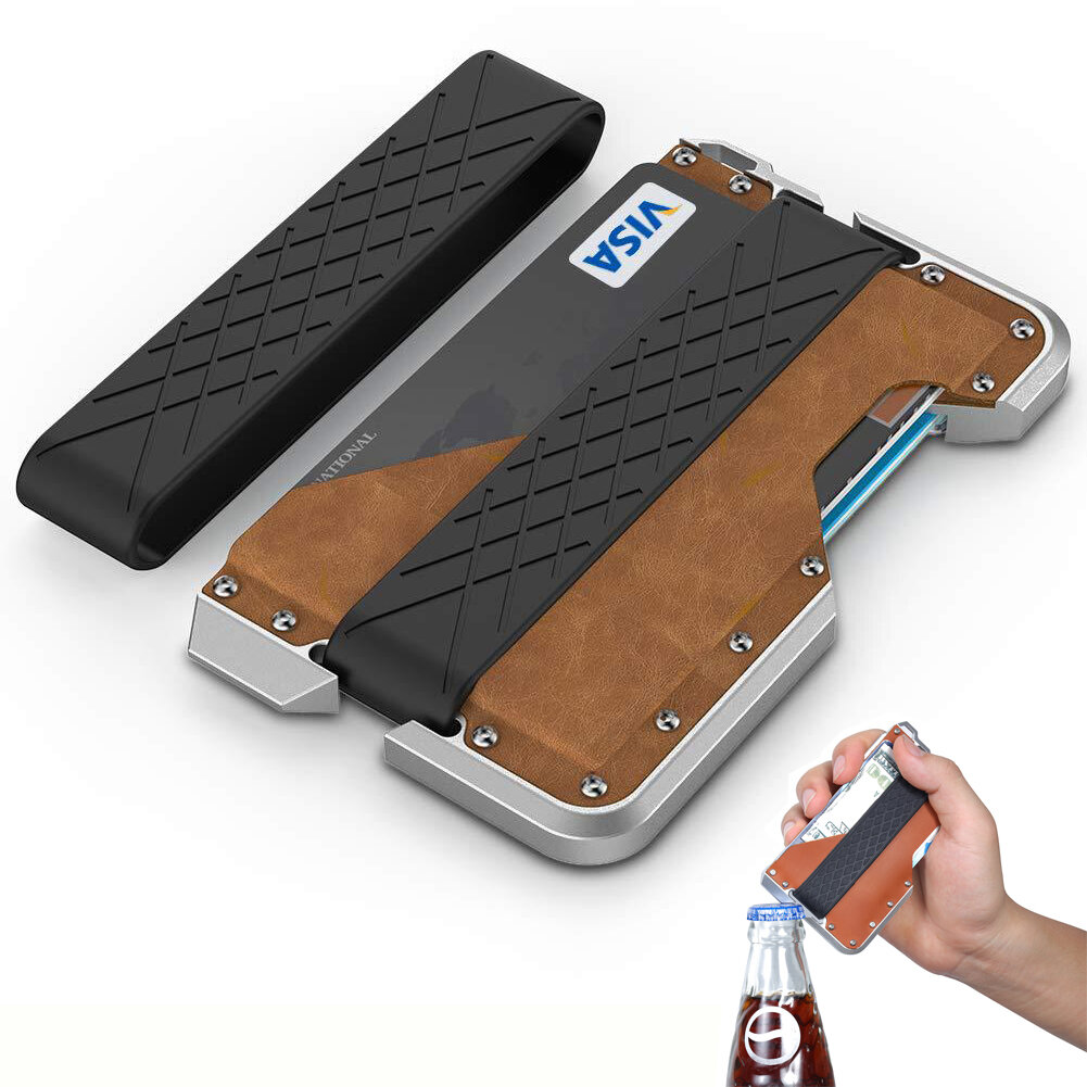 IPRee® RFID Genuine Real Pelle Lega di alluminio Porta carte di credito Porta carte di credito Apribottiglie in metallo
