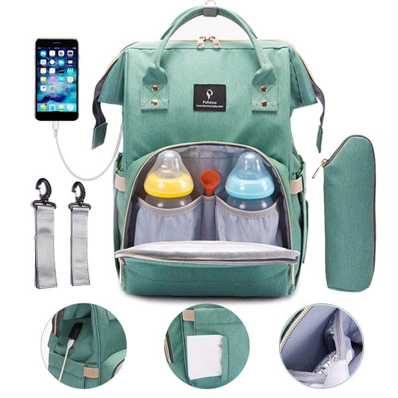 Pofunuo Waterproof Mummy Baby Diaper Backpack with USB Interface Charging Waterproof Oxford Diaper Nappy Bag for Outdoor Travel