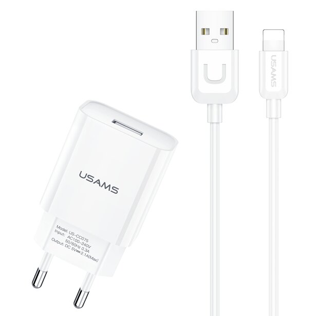 USAMS T21 2.1AシングルUSB充電器EUプラグ（充電ケーブル付き）iPhone 12 Pro Max for Samsung Galaxy S21 Note S20 ultra Huawei Mate40 P50 OnePlus 9 Pro