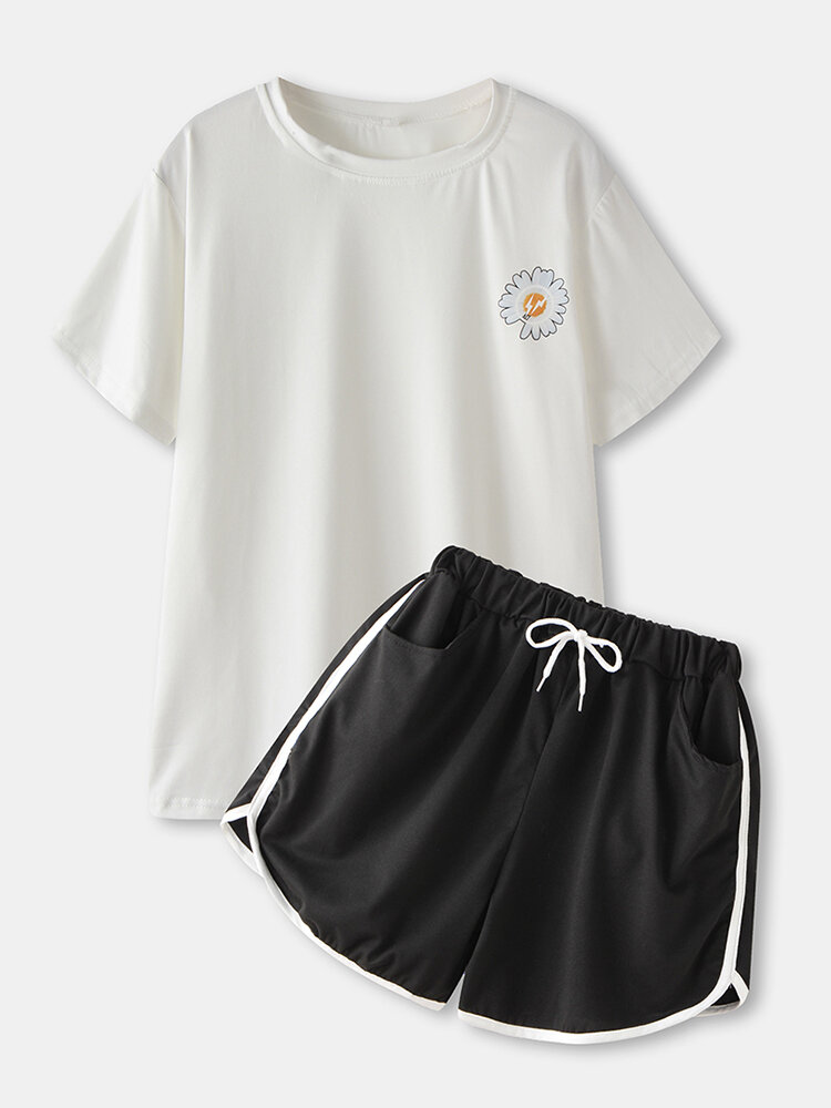 

Women Daisy Print Short Sleeve Drawstring Sport Casual Pajama Set