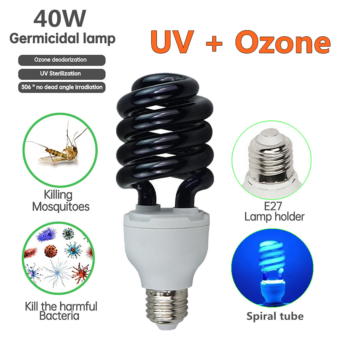 

AC110V E27 40W UV Germicidal Disinfection Sterilization Light Ozone Ultraviolet Lamp Bulb