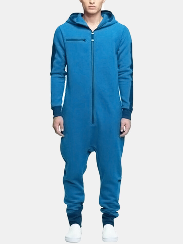 

Mens Zip Front Hooded Onesies Cozy Home Loungewear With Welt Pocket